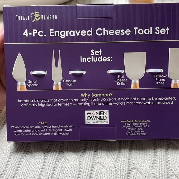 New Totally Bamboo 4 pc Engraved Cheese Tool Set Stainless blades Bamboo handles - Picture 6 of 13